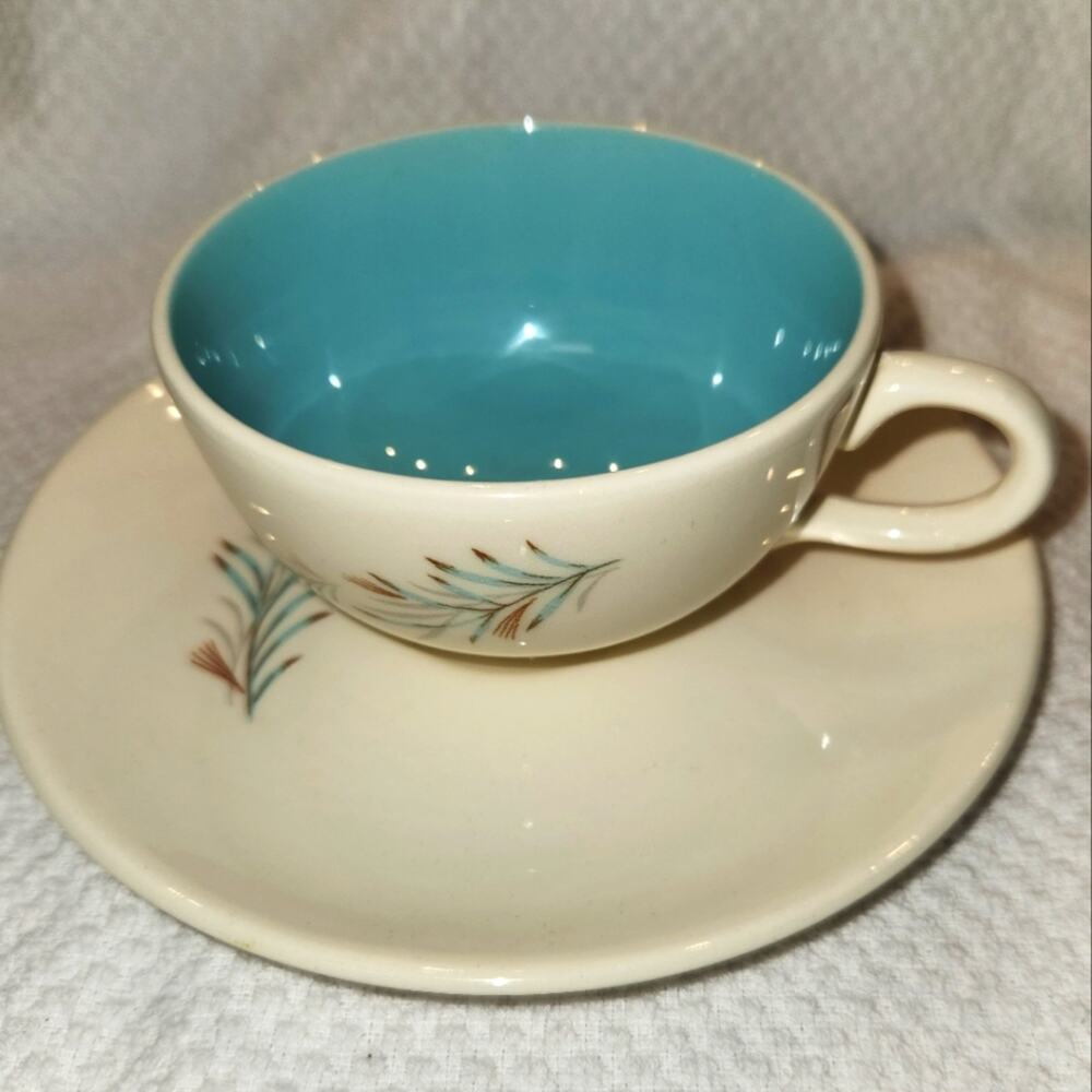 Vintage Homer Laughlin Fortune MCM Cup and Saucer Turquoise Aqua Made in USA